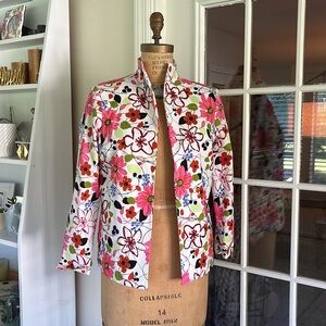 White and Pink Floral Blazer with Intricate Embroidery